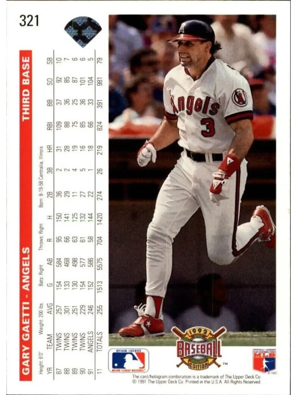 Gary Gaetti 1992 Upper Deck MLB #321 Baseball Card California Angels
